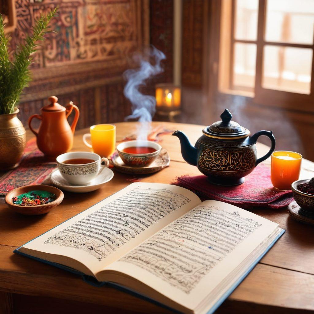 An open Arabic grammar book with colorful diagrams and engaging exercises on a wooden table, surrounded by Arabic calligraphy art and traditional decor. A steaming cup of tea sits beside, adding warmth to the scene. Lively students engaged in discussion in the background. bright colors. cozy atmosphere. super-realistic.