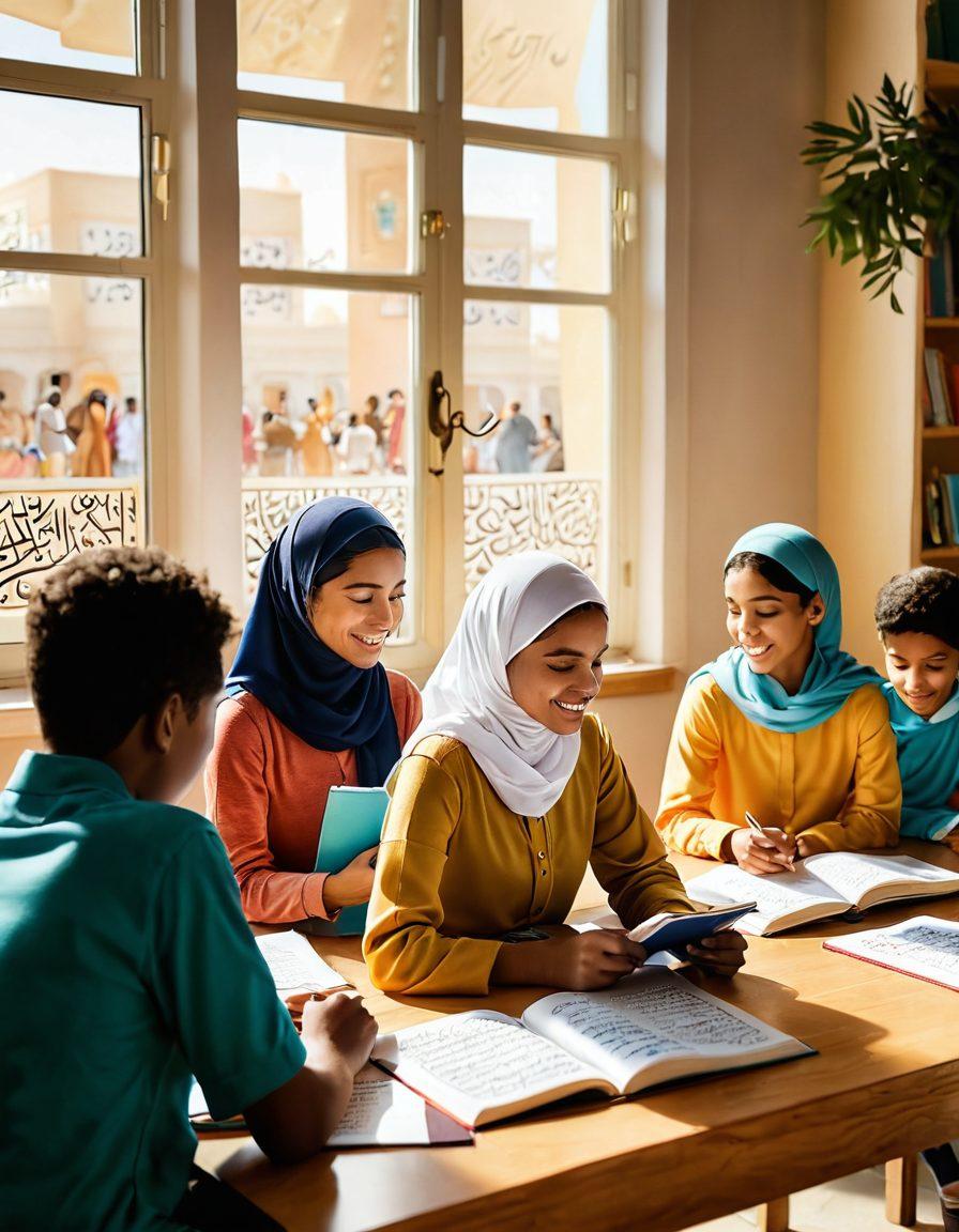 A diverse group of learners engaging in dynamic exercises to learn Arabic, featuring a mix of adults and children with books, flashcards, and digital devices in a bright classroom. The background showcases Arabic calligraphy and cultural elements, with warm sunlight streaming through the windows to create an inviting atmosphere. vibrant colors. vector art.