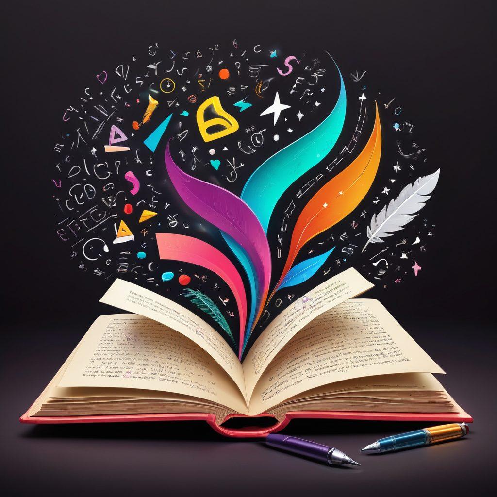 A whimsical illustration featuring an open book with pages transforming into colorful grammar symbols like commas, periods, and quotation marks floating above it. In the background, a chalkboard filled with writing tips and grammar rules in a playful handwriting. A quill pen lies next to the book, while a bright light illuminates the scene, symbolizing knowledge and exploration. cartoon style. vibrant colors. white background.